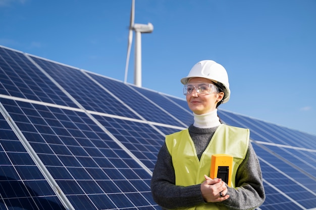 Medium shot smiley engineer wearing equipment