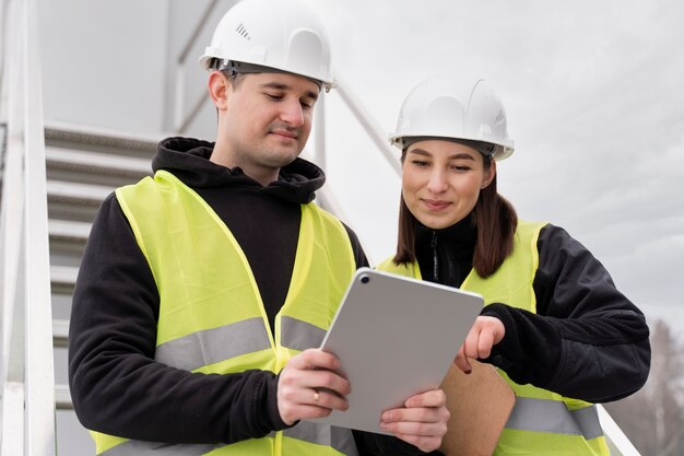 Medium shot smiley engineers with tablet