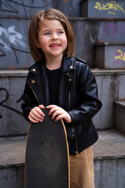 Medium shot smiley girl holding skateboard