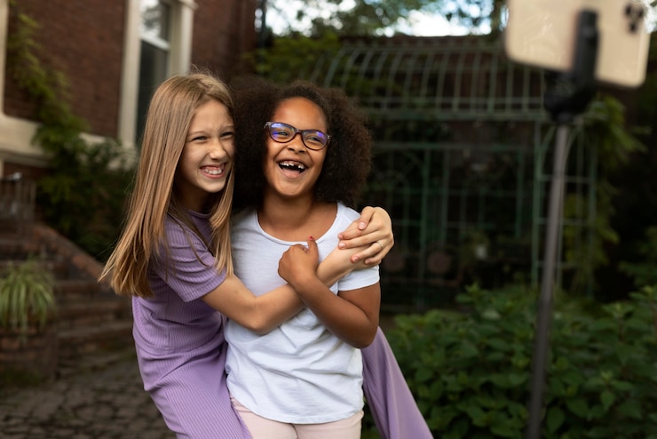 Free Photo medium shot smiley girls hugging