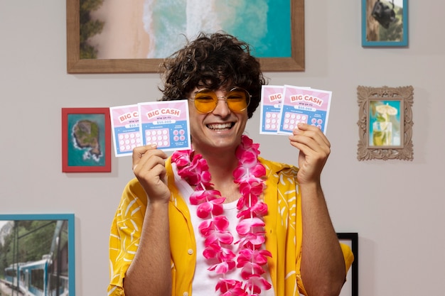 Free photo medium shot smiley man holding lottery tickets