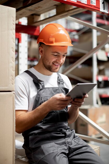 Medium shot smiley man holding tablet