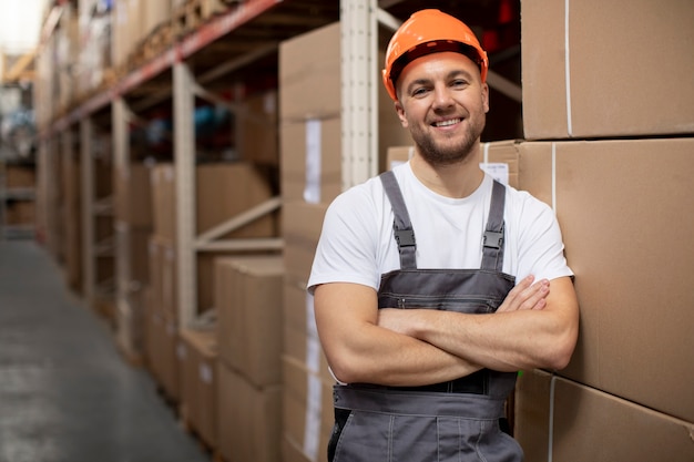 Medium shot smiley man in logistic warehouse