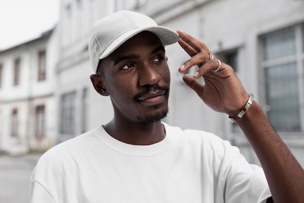 Medium shot smiley man posing with cap