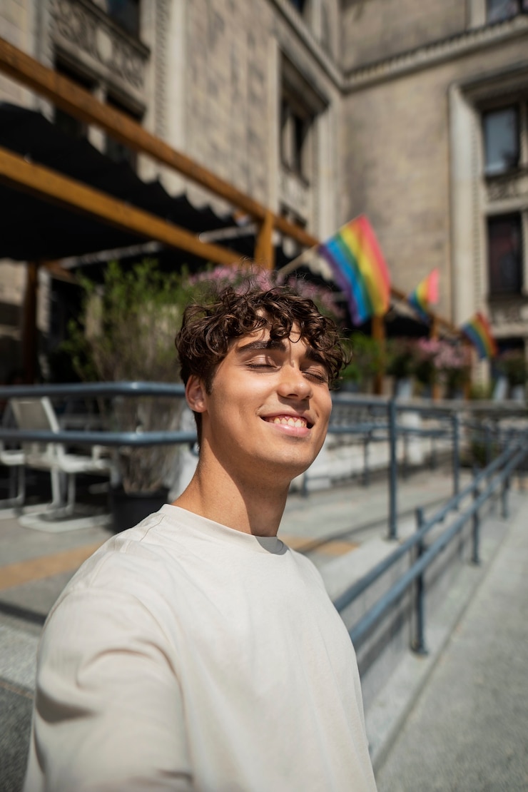 Free Photo medium shot smiley man taking selfie outside