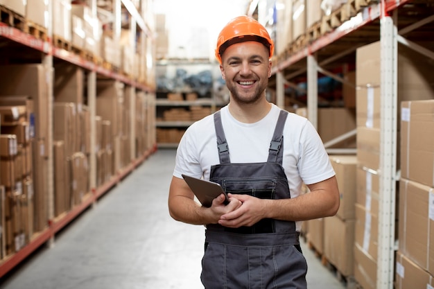 Free photo medium shot smiley man in warehouse