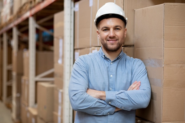 Foto gratuita uomo sorridente con tiro medio che indossa il casco