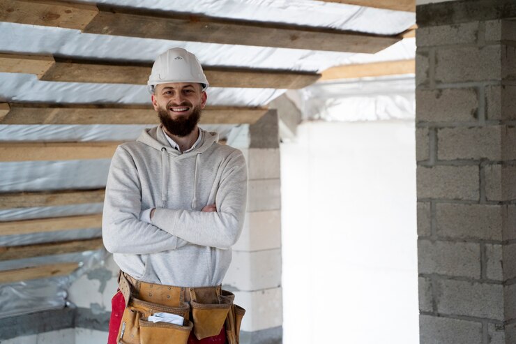 Free Photo medium shot smiley man wearing helmet
