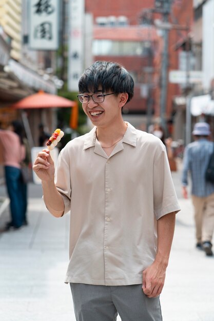 Medium shot smiley man with food