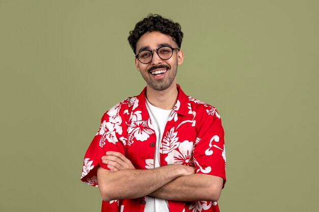 Medium shot smiley man with green background