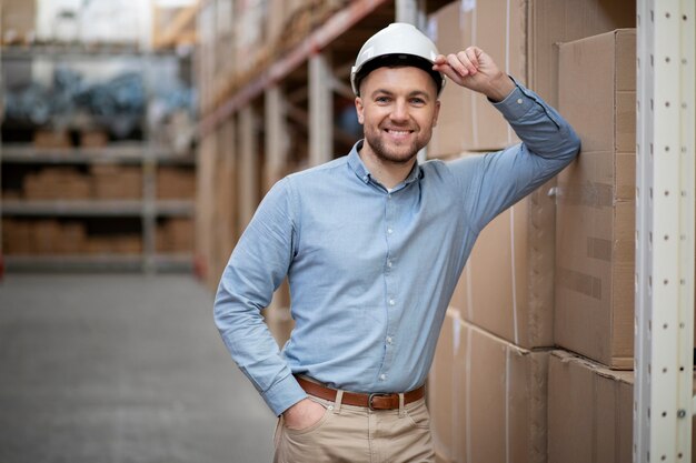 Medium shot smiley man with helmet