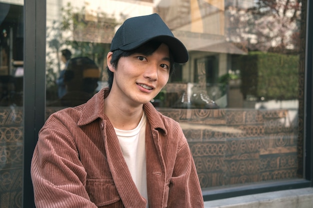 Foto gratuita uomo sorridente del colpo medio con il cappello del camionista all'aperto