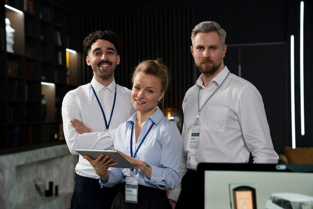 Medium shot smiley people working as team