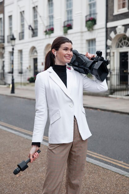 Medium shot smiley woman holding camera