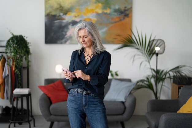 Medium shot smiley woman holding smartphone