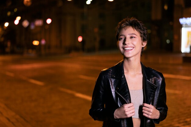 Medium shot smiley woman outdoors