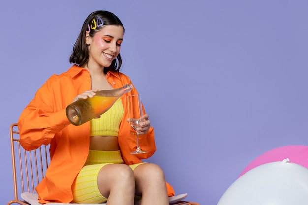 Medium shot smiley woman pouring drink