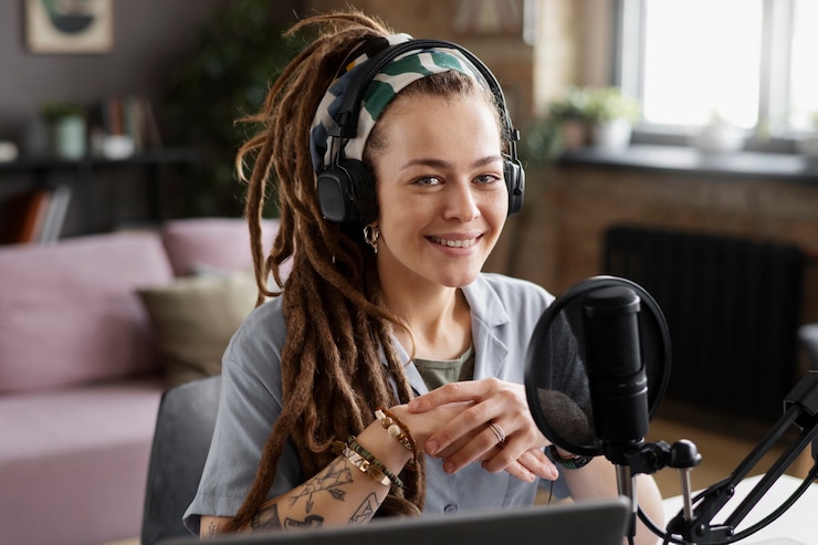 Free Photo medium shot smiley woman recording podcast