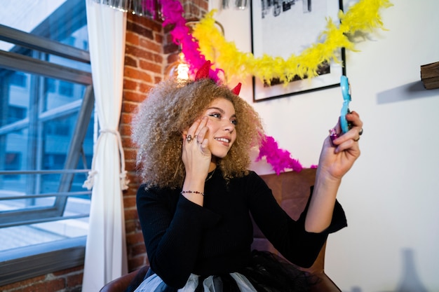 Medium shot smiley woman wearing costume