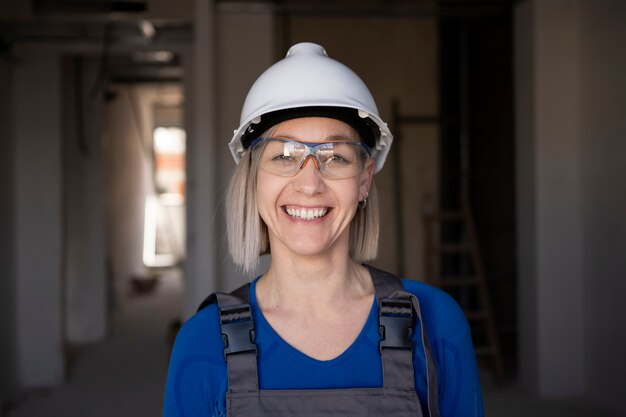 Medium shot smiley woman wearing helmet