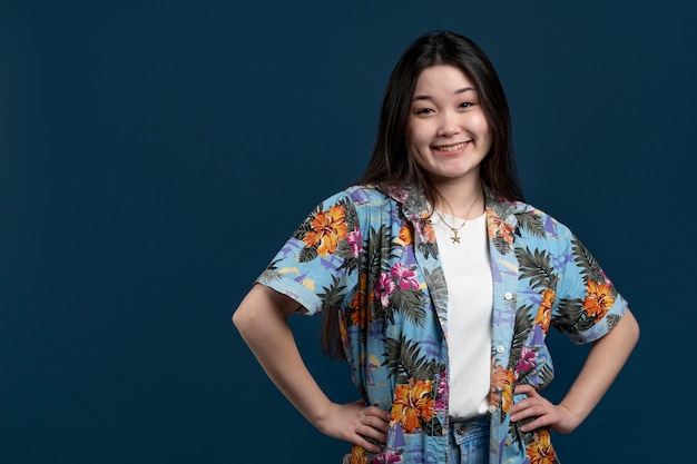 Medium shot smiley woman with hawaiian shirt