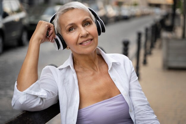 Medium shot smiley woman with headphones