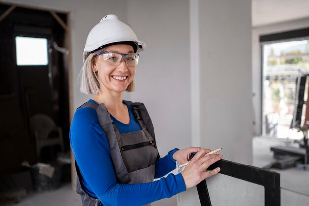 Medium shot smiley woman with helmet