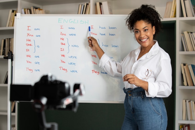 Medium shot smiley woman with white board