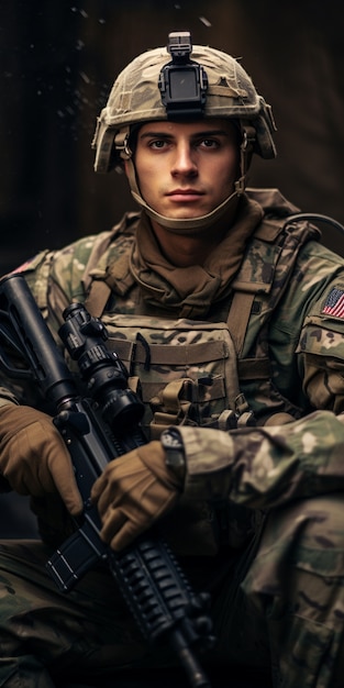 Бесплатное фото Солдат среднего выстрела с оружием