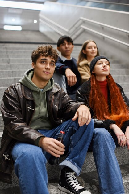 Medium shot teens sitting on stairs