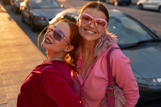medium shot teens wearing y2k  fashion