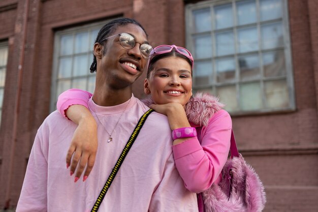 Medium shot teens wearing y2k  fashion