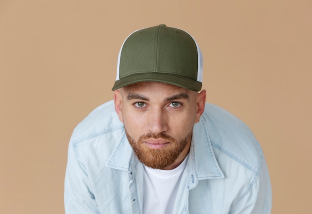 Medium Shot Trendy Man Wearing Trucker Hat