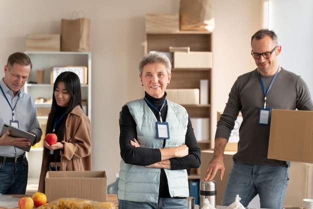 Medium shot volunteers with boxes