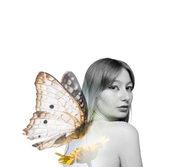 Medium shot woman and butterfly