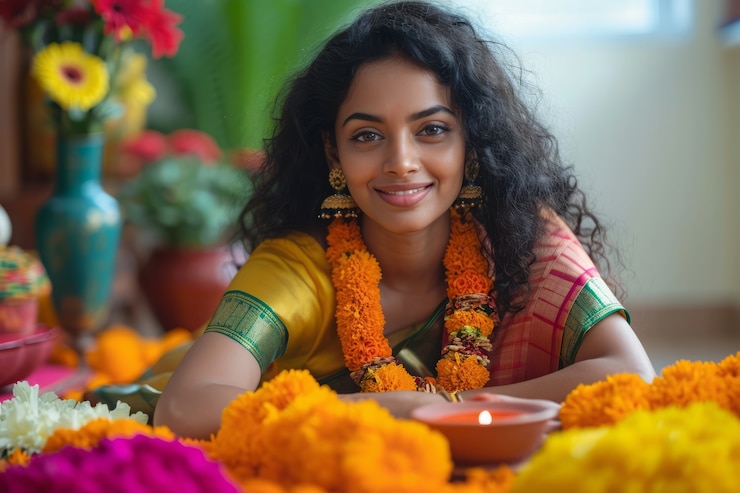 Free Photo medium shot woman celebrating tamil new year