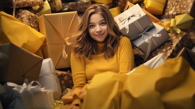 Medium shot woman celebrating with gifts