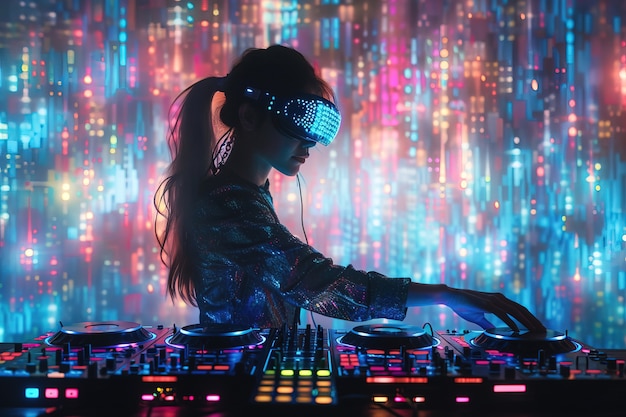 Free photo medium shot woman djing with augmented reality glasses