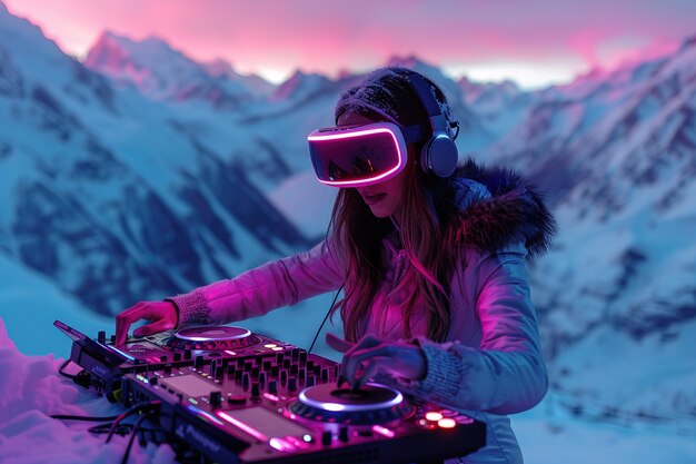 중간 의 여성이 증강현실 안경으로 DJ를 하고 있습니다.
