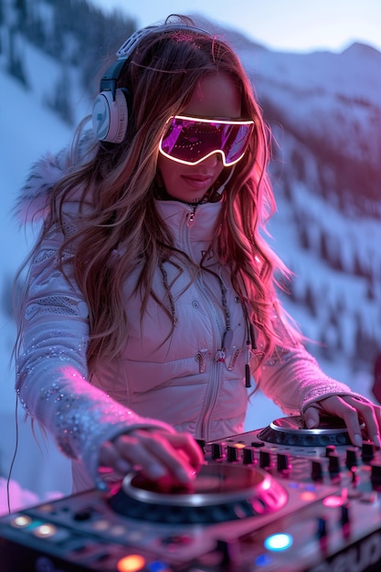 Free photo medium shot woman djing with augmented reality glasses