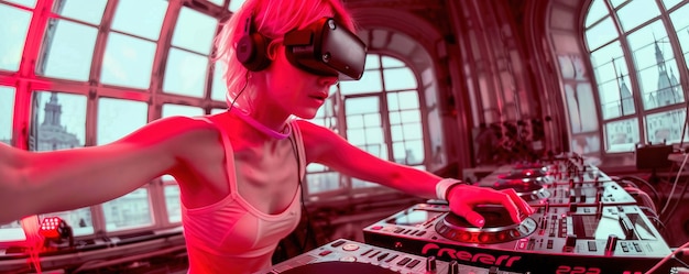 Free photo medium shot woman djing with augmented reality glasses