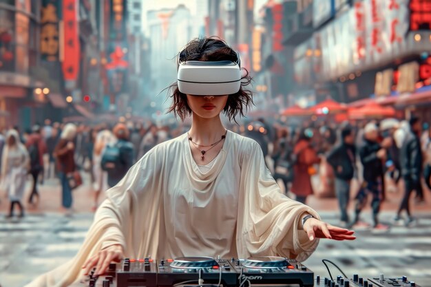 Medium shot woman djing with augmented reality glasses