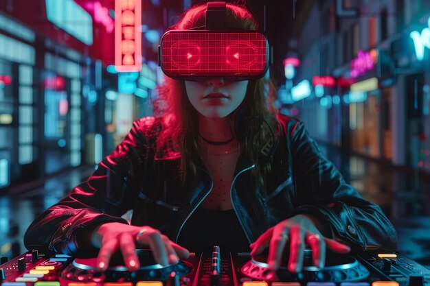 Medium shot woman djing with augmented reality glasses