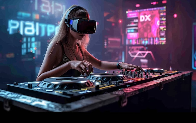 중간 의 여성이 증강현실 안경으로 DJ를 하고 있습니다.