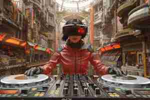 Free photo medium shot woman djing with augmented reality glasses