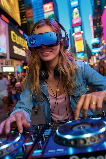 Medium shot woman djing with augmented reality glasses