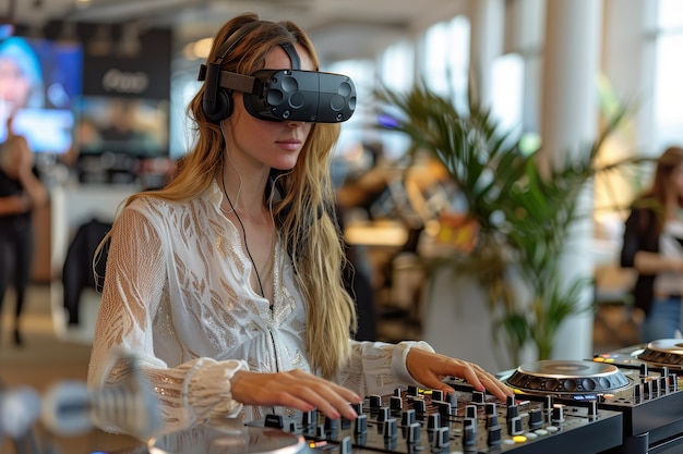 Free photo medium shot woman djing with vr glasses