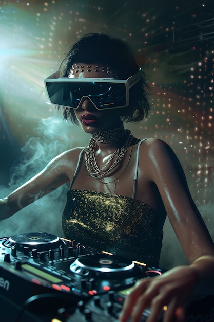 Free photo medium shot woman djing with vr glasses