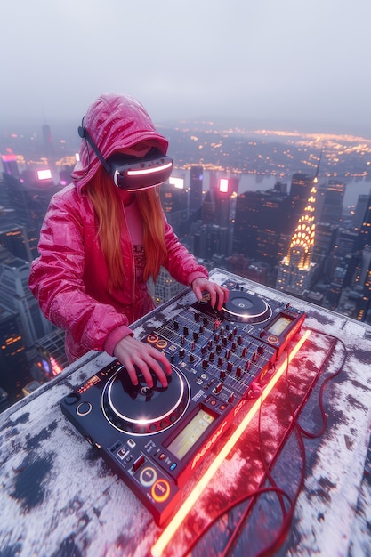 Medium shot woman djing with vr glasses