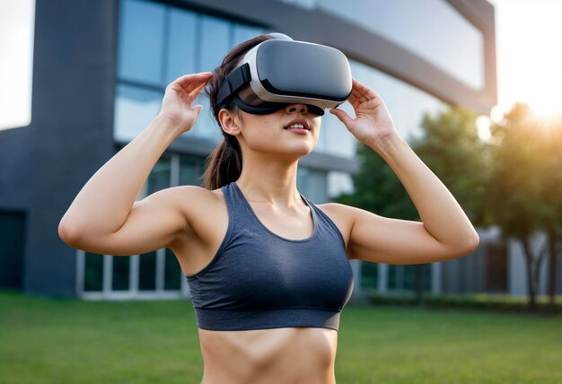 Medium shot woman doing fitness with vr glasses